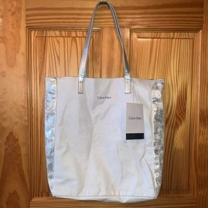 Calvin Klein White & Silver Tote Bag